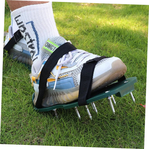 Foot wearing lawn aerator shoe with Eight Piece Aerator Sandal Straps Replacement Set for lawn aerator shoes heavy duty.