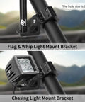 Heavy Duty UTV Flag And Light Bar Mount Bracket With Smooth 360 Rotation For 1.75 To 2 Inch Roll Bars, showing flag and whip light mounts.