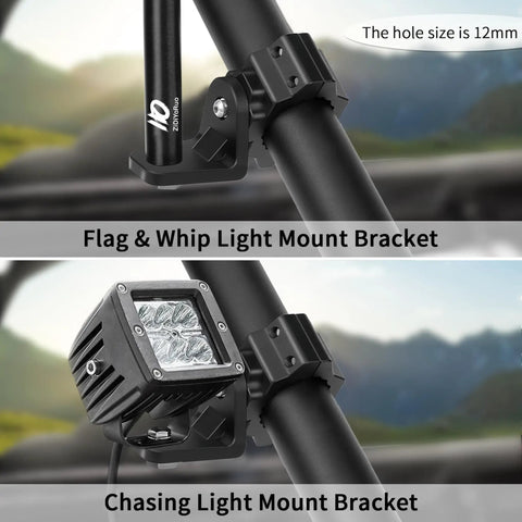 Heavy Duty UTV Flag And Light Bar Mount Bracket With Smooth 360 Rotation For 1.75 To 2 Inch Roll Bars, showing flag and whip light mounts.