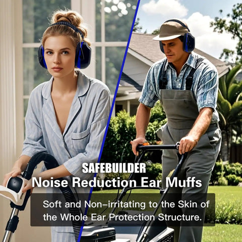 Two people wearing Safety Ear Muffs SNR 33dB Noise Reduction Earmuffs For Sleeping, Working, Shooting And Industrial Use, one indoors, one outdoors.