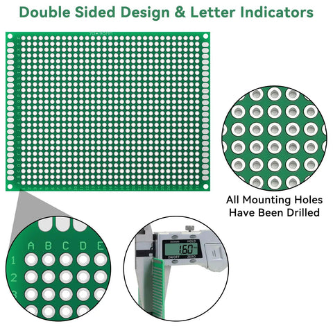 Detailed view of Double Sided PCB Board Prototype Kit For DIY Soldering With 32 Pieces In Five Sizes showing mounting holes and measurements.