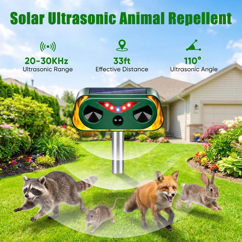 4 Pack Solar Powered Ultrasonic Animal Repeller Outdoor Waterproof Pest Deterrent For Deer Cats Dogs Squirrels Raccoons Rabbits With Motion Sensor And Flashing Light For Yard Garden Lawn Farm, green unit on stake in lawn