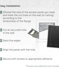 Installation steps for Solid Heavy Duty 6X6 Inch Anthracite Abs Plastic Drywall Access Panel showing cutting and aligning instructions.