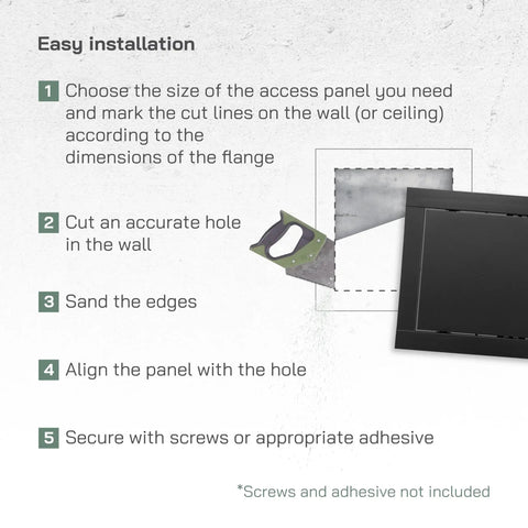 Installation steps for Solid Heavy Duty 6X6 Inch Anthracite Abs Plastic Drywall Access Panel showing cutting and aligning instructions.