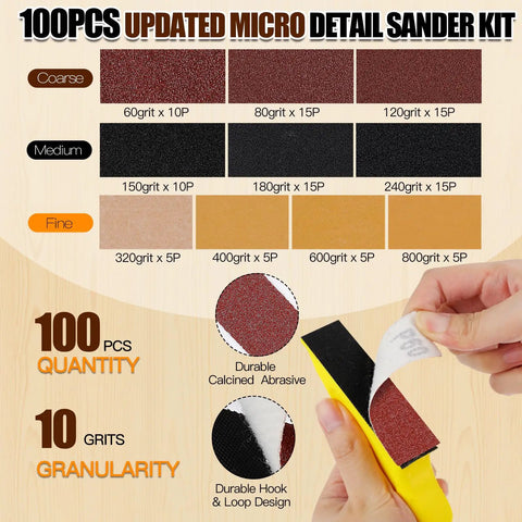 Pro Grade Micro Detail Sander Kit with 100 sandpaper sheets ranging 60 to 800 grit for woodworking, furniture, and crafts.