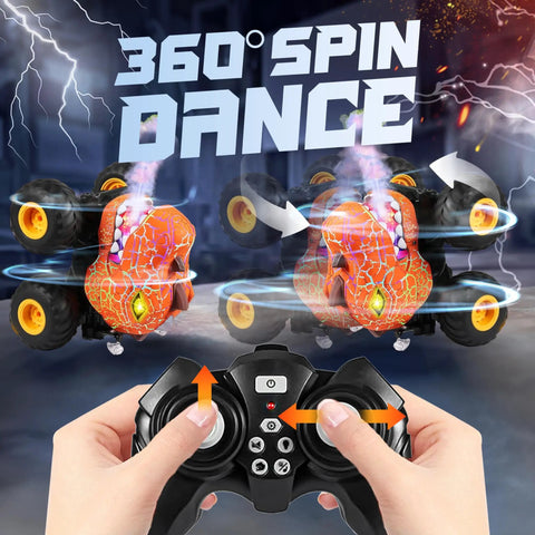 Remote Control Monster Truck For Kids Ages Four To Seven Orange With 360 Spin And Drifting Lights And Music 1 to 20 Scale RC Car For Boys Spray Feature Easy Stunts Built To Last Toy Truck performing 360 spin with remote control.
