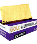 Gold-colored box of Heavy Duty Aluminum Foil Sheets 12 Inch Pop Up 200 Count Pre Cut For Restaurants And Home Kitchens