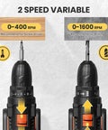 High Performance 20V Cordless Drill and Screwdriving Set with 2 Amp Hour Battery 42 Piece Kit shows variable speed settings for driving and drilling.