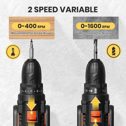 High Performance 20V Cordless Drill and Screwdriving Set with 2 Amp Hour Battery 42 Piece Kit shows variable speed settings for driving and drilling.