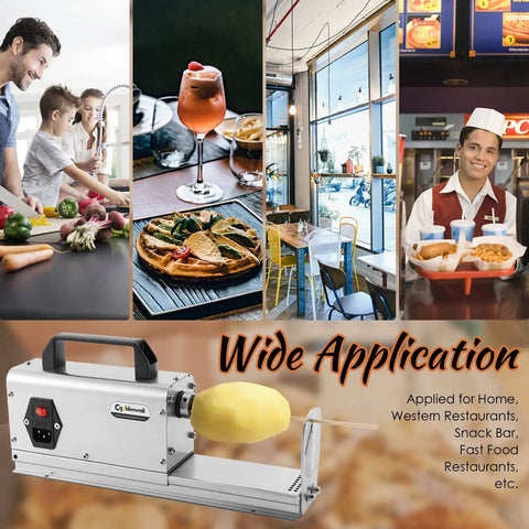 Heavy Duty 3 In 1 Tornado Potato Slicer That Slays Spiral And Straight Cuts With Rust Proof Stainless Steel Blades For Backyard Pitmasters Who Want Crispy Curly Fries No Cap Or Hassle in action with a potato being cut.