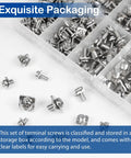 Top Tier 240 Piece Screw Terminal Block Kit With Square Washers Heavy Duty Electrical Connector Assortment For Hobby Circuits in organized storage box.