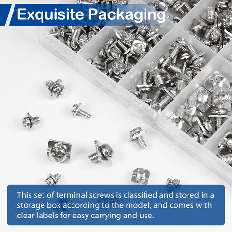 Top Tier 240 Piece Screw Terminal Block Kit With Square Washers Heavy Duty Electrical Connector Assortment For Hobby Circuits in organized storage box.