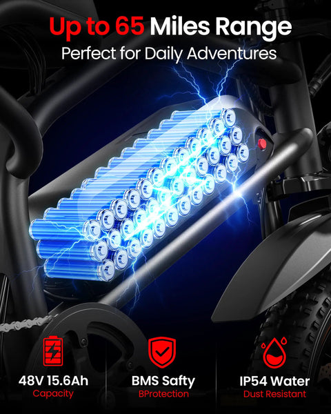 Close-up of 16 Inch Fat Tire Electric Bike For Adults And Teens with 65 mile range, showing 48V 15.6Ah battery and motor.