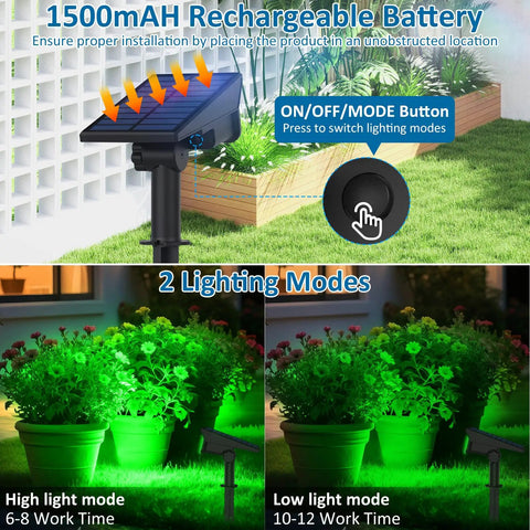 Green Solar Landscape Spotlights 4 Pack With 20 LED Beams Waterproof IP65 showing solar panel and lighting modes in garden setting
