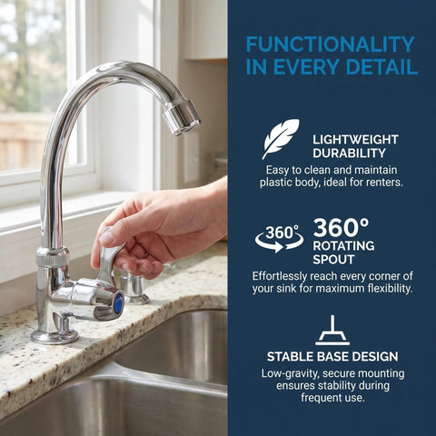 UKCOCO Countertop Kitchen Sink Tap, Plastic Vertical Replacement Faucet with 2cm Mount Base, featuring a 360° rotating spout in a kitchen.