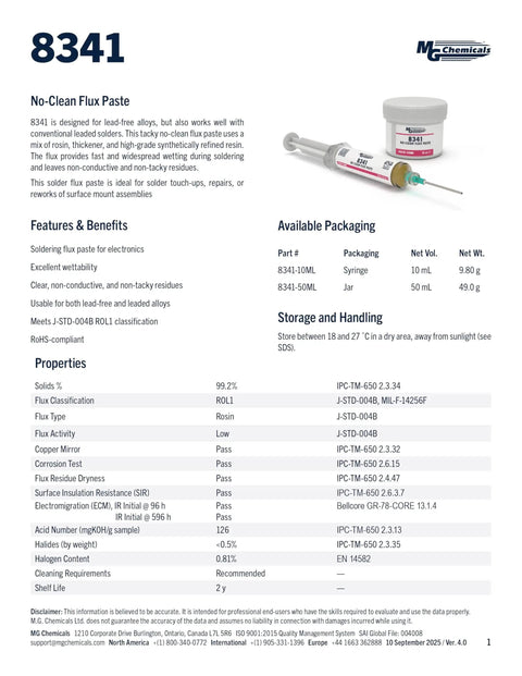 Product sheet showing No Clean Flux Paste 8341 10ml with pneumatic dispenser for touch up soldering, including details and specifications.