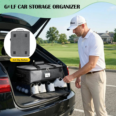 Man using Golf Trunk Organizer For Cars And Golf Bags with ventilated shoe compartment and water resistant PVC lining in SUV trunk.