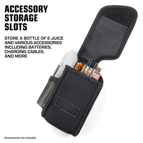 Vape Pen Travel Case Belt Bag With Belt Loop And Carabiner Clip, Elastic Neoprene Carry Case with open pouch showing slots.