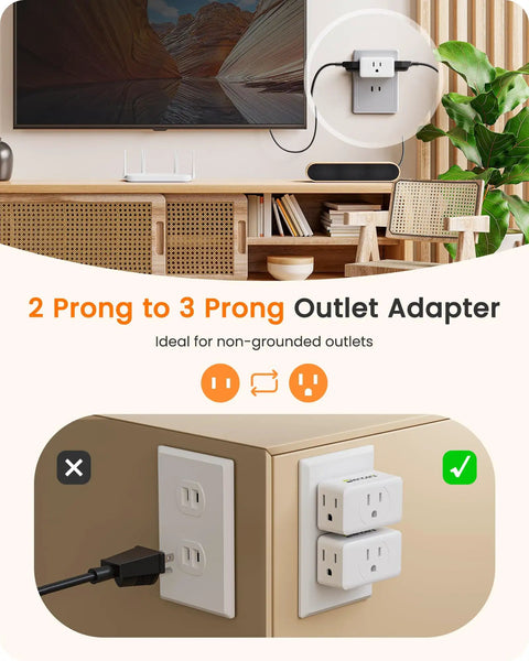 Two Prong To Three Prong Outlet Adapter Extender For Japan Travel And Home 3 AC Outlets Non Grounded Wall Plug Expander