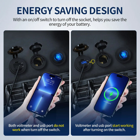 Straight Shooter 12V USB C Car Charger Socket 3 Pack showing energy-saving on/off switch and charging status on mobile device.