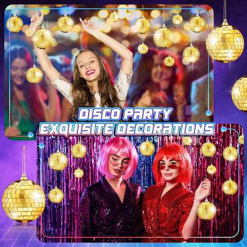 50 Piece Gold Mirror Ball Set For Home Decor Party Or Club Lighting, people dancing with disco balls, reflective decorations