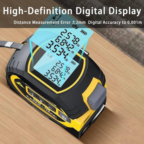 Hella Accurate Digital Tape Measure With Cross Line And Auto Lock, Heavy Duty 3 In 1 Rangefinder For Area And Volume Stats, Solid Memory Bank Plus Bright Lcd Panel For Any Quick Fix Around Town