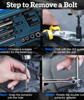 Steps to remove a bolt using Beast Bolt Extractor Kit For Damaged Bolts And Nuts, 37 Piece Screw Extractor Set