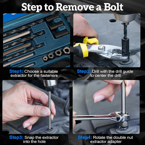 Steps to remove a bolt using Beast Bolt Extractor Kit For Damaged Bolts And Nuts, 37 Piece Screw Extractor Set