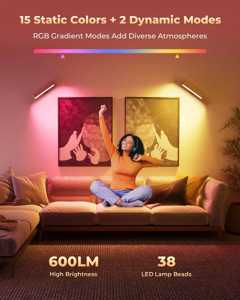 15 RGB colors from Solid Upgrade Set Of Two Rechargeable Walnut Wood Wall Sconces With Magnetic Mount And Remote Control.