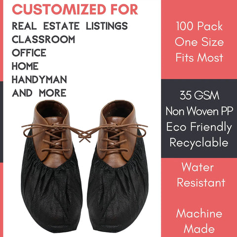 Extra Thick Black Disposable Shoe Covers 100 Pack With Elastic Fit Non Slip Booties covering brown shoes