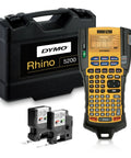RhinoPRO 5200 Heavy Duty Label Maker with carry case, showing label printer, two rolls of 3/4 inch vinyl labels, and Code 39 support.