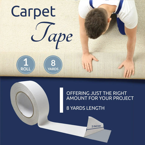 Heavy Duty Double Sided Carpet Tape 2 Inch Wide 8 Yard Roll displayed with installer preparing to use on rug.