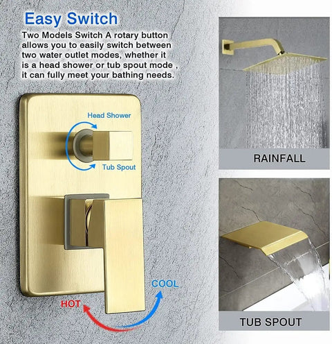 Upgrade Your Bath With A Dope Brushed Gold Tub And Shower Faucet Set, 10-Inch Rain Shower Head, Wall Mounted Spout Control