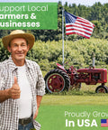 Support Local Farmers & Businesses, man in straw hat beside tractor and American flag, proudly grown in USA