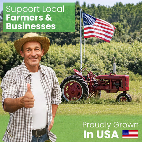 Support Local Farmers & Businesses, man in straw hat beside tractor and American flag, proudly grown in USA