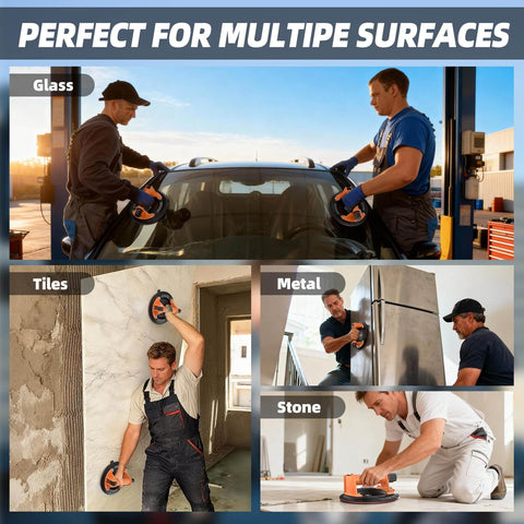 Collage of Glass Suction Cups Heavy Duty 8 Inch Vacuum Cup Lifter with handle used on glass, tile, metal, and stone surfaces