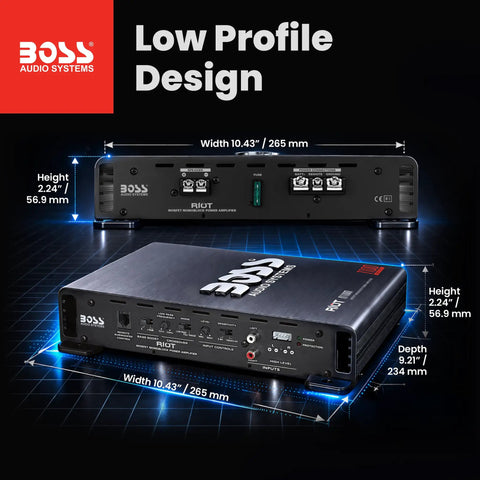 Front and back view of R1100M Monoblock Car Amplifier With 1100 Max Watts At 2 Ohms, showcasing inputs, logo, and slim design.