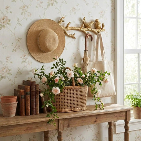 Vintage Cast Iron Bird Branch Wall Hook Dead Tough Rustic Coat Rack For Entryway Cottagecore Home Decor With Slick Gold Finish, displaying a straw hat and umbrella.