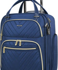 Underseat 16-Inch Carry-On Luggage With Wheels, Softside Rolling Travel Bag, navy blue quilted design, front pocket view