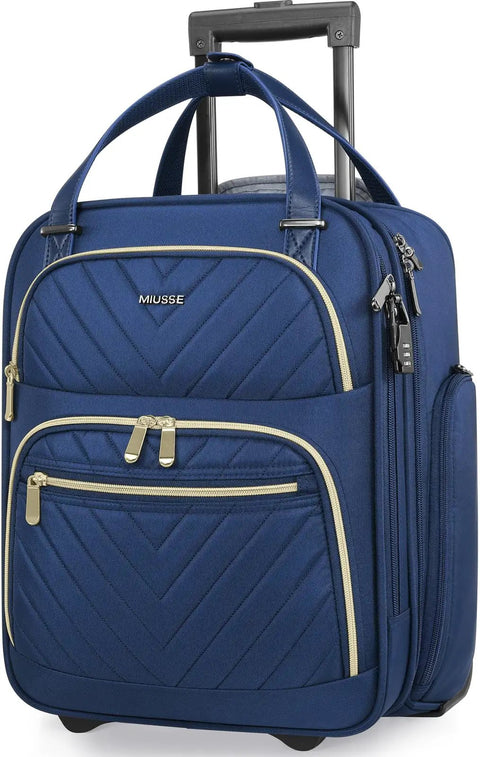 Underseat 16-Inch Carry-On Luggage With Wheels, Softside Rolling Travel Bag, navy blue quilted design, front pocket view