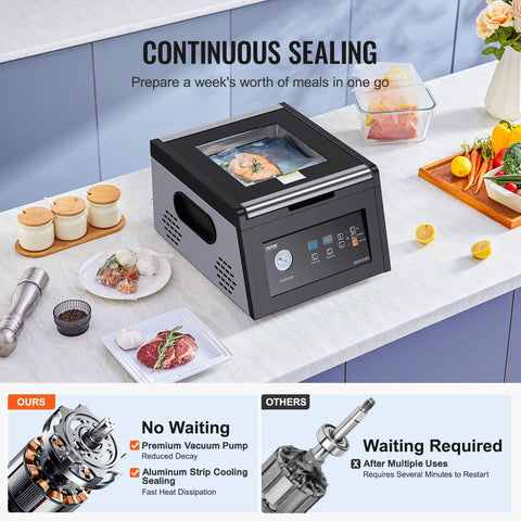 Chamber Vacuum Sealer 380W Pump Power for Home Kitchen on countertop with meal prep ingredients visible