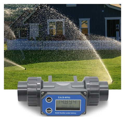 2 Inch Turbine Flow Meter With LCD Display For PVC Water Pipe in garden irrigation, showing front view with LCD panel visible.