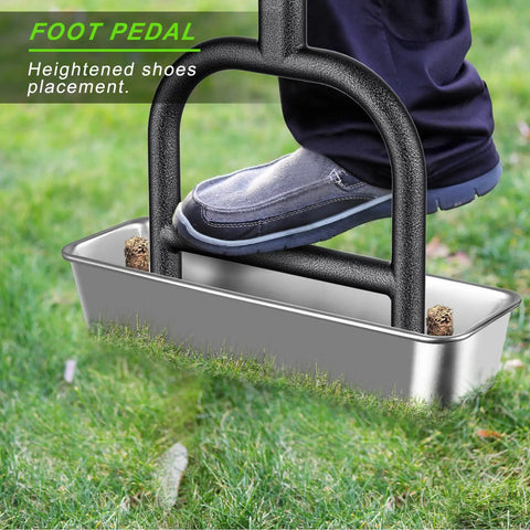 Manual Lawn Core Aerator With Stainless Steel Core Plugs And Storage Tray in use demonstrating foot pedal function.