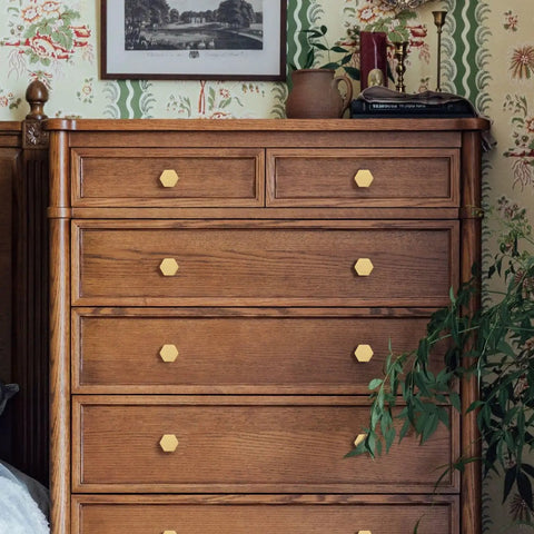Wooden dresser with Solid Brass Cabinet Knob And Drawer Pull Set 1 1/10 Inch Brushed Gold Hexagon Handles For Dresser And Furniture