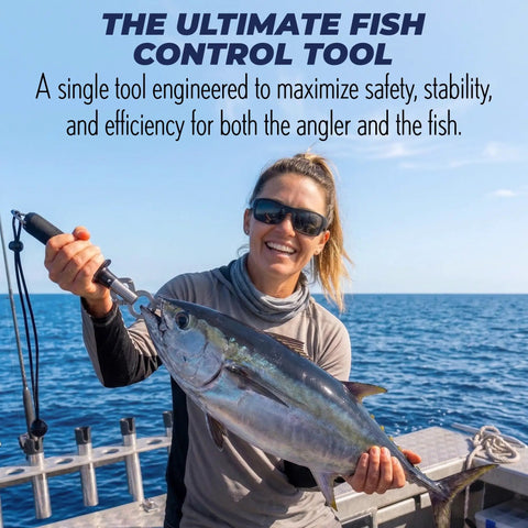Person holding fish with Stainless Steel Fish Lip Grip With Ergonomic Handle And Spring Loaded Mechanism on a boat.