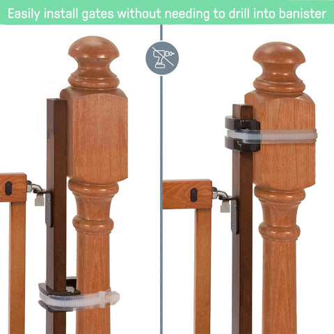 Banister To Banister Gate Mounting Kit For Round Or Square Banisters Up To 37 Inches Tall installed on wooden posts