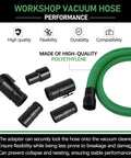 Replacement Vacuum Hose Kit Two And One Half Inch By Seven Feet Dual Flex Locking Shop Vac Hose With Six Fittings For Wet Dry Vacuum Cleaners Fits Most Vacuums Easy Connect No Fuss Heavy Duty Flexible, shown with green hose and black fittings.