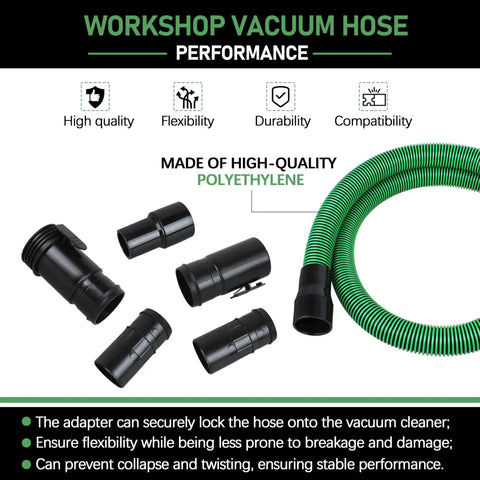 Replacement Vacuum Hose Kit Two And One Half Inch By Seven Feet Dual Flex Locking Shop Vac Hose With Six Fittings For Wet Dry Vacuum Cleaners Fits Most Vacuums Easy Connect No Fuss Heavy Duty Flexible, shown with green hose and black fittings.
