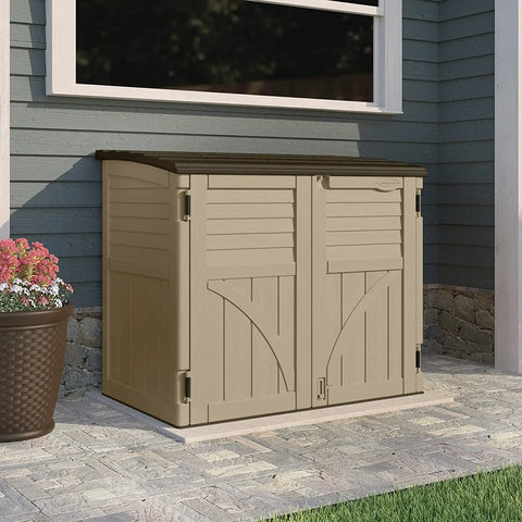 Horizontal Outdoor Storage Shed For Trash Cans And Gear, Compact 34 Cu Ft Capacity, Lockable Multi Wall Resin Organizer In Sand And Slate