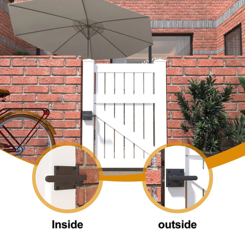 Heavy Duty Left Inswing Gate Latch Double Sided Self Locking With Built In Spring For Wooden Fences Pool Gates Backyard Gardens shown installed on a white gate.